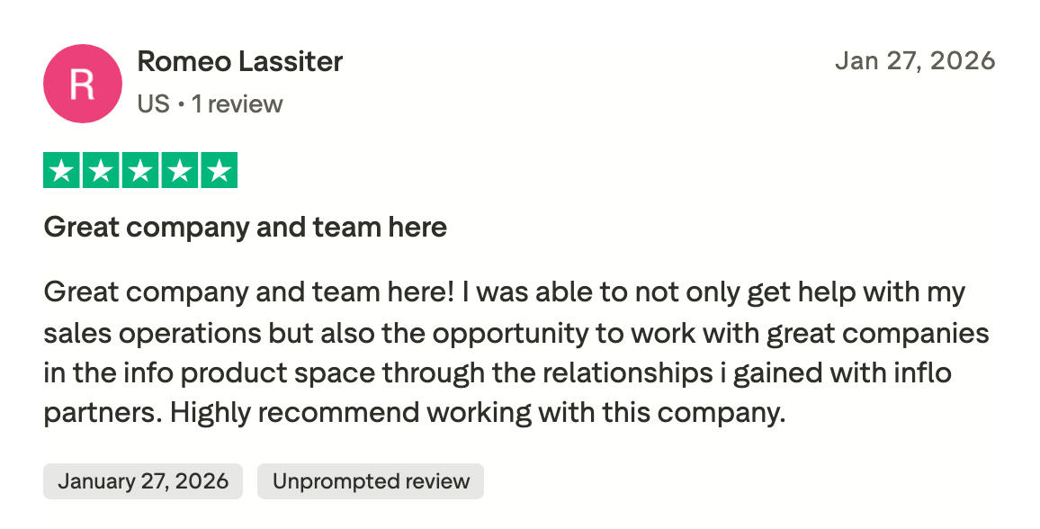 Five-star Trustpilot review from Romeo Lassiter: Great company and team here, highly recommend working with this company