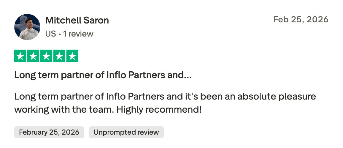 Five-star Trustpilot review from Mitchell Saron: Long term partner of Inflo Partners, highly recommend