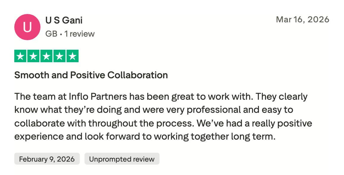 Five-star Trustpilot review from U S Gani: Smooth and positive collaboration with the Inflo Partners team