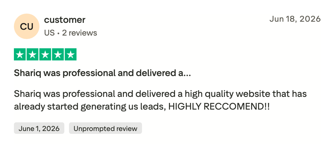Five-star Trustpilot review from a verified customer: Shariq was professional and delivered a high quality website already generating leads